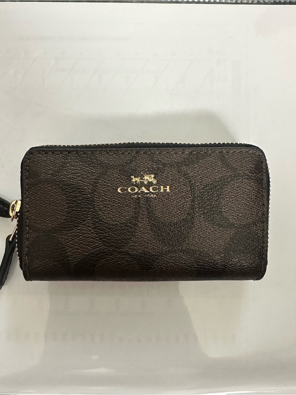 Coach Brown Signature Double Zip-Around Card Wallet with Gold Logo